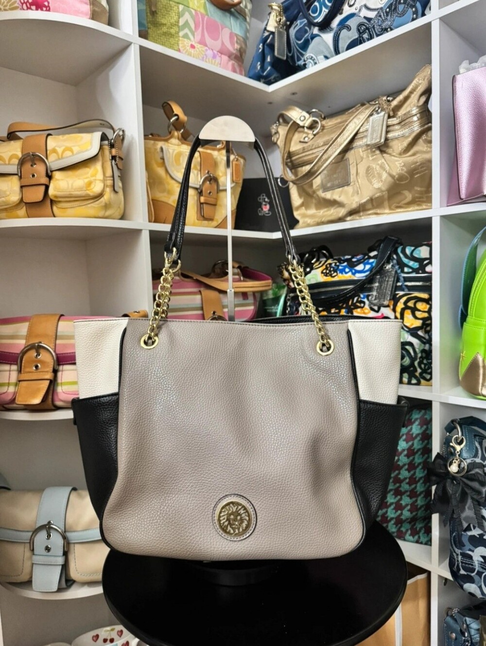 Anne Klein Tri-Color Leather Tote Bag with Chain Handles